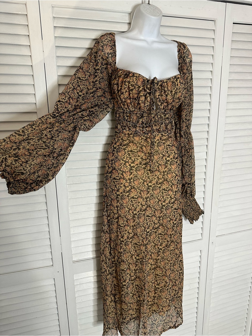 Free People Floral Midi Dress Open Back Balloon Sleeve Western Boho Prairie L - Picture 4 of 11